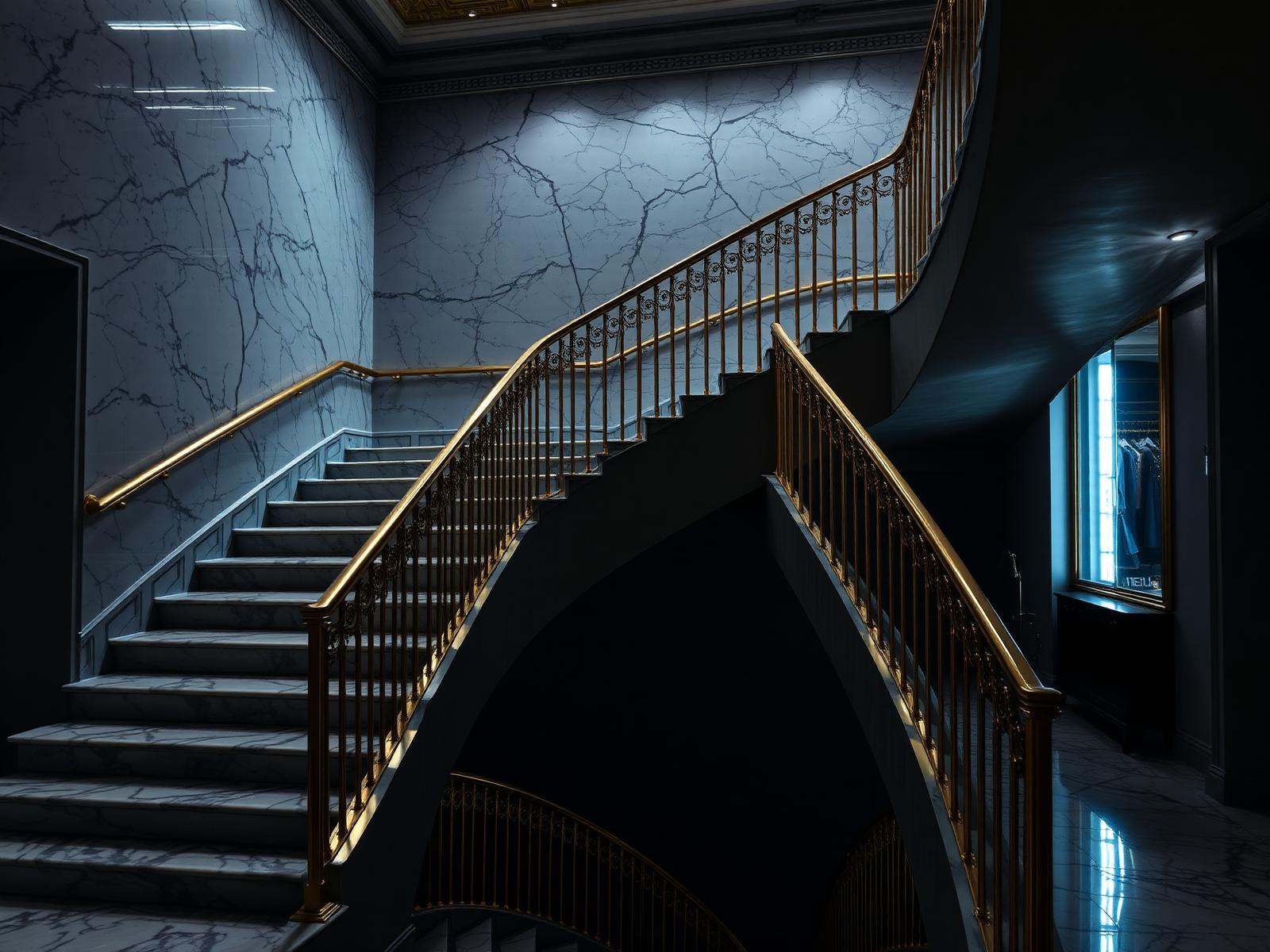 Marble staircase with gold railings inside a Milan atelier